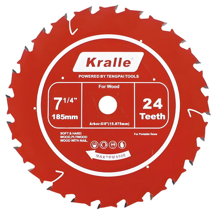 Kralle 185 mm (7-1/4") Multi-Purpose Circular Saw Blade for Cordless Saw Blade,  16 mm (5/8") Bore, Thin Kerf, Fine Finish, 24T