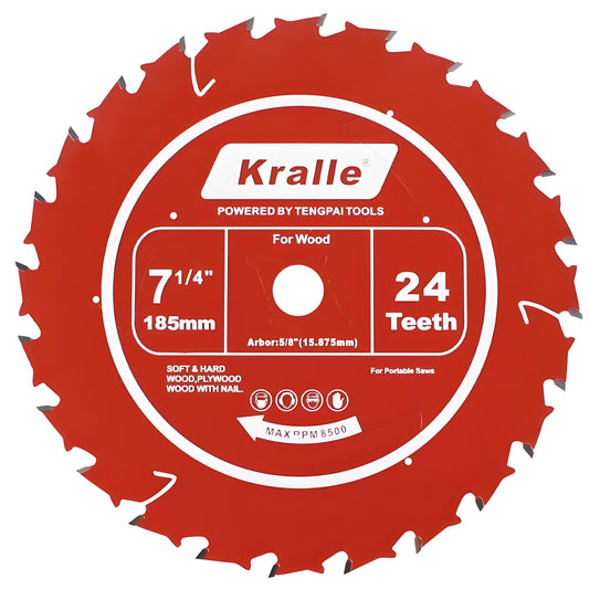 Kralle 185 mm (7-1/4") Multi-Purpose Circular Saw Blade for Cordless Saw Blade,  16 mm (5/8") Bore, Thin Kerf, Fine Finish, 24T